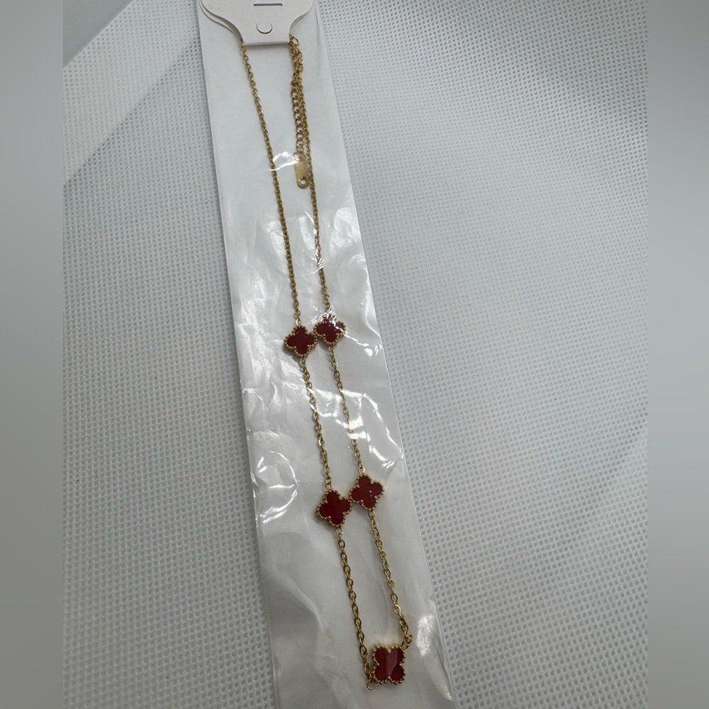 Elegant Gold and Red Stainless Steel Clover Necklace